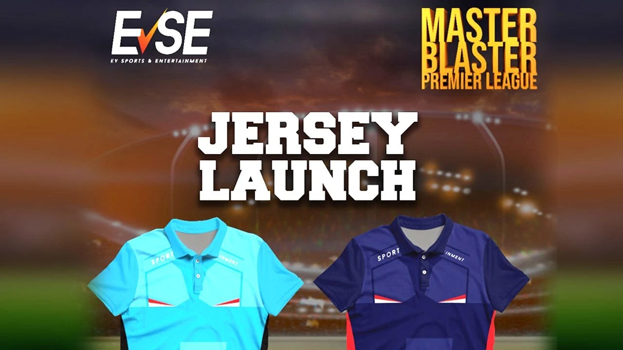 Master Blaster Premier League jersey launch poster with the EVSE logo and two team jerseys